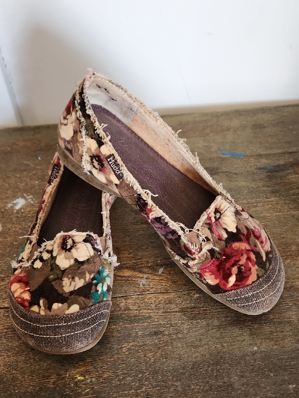 Mudd Brown Floral Canvas Slip-On Flats with Multicolor Blooms